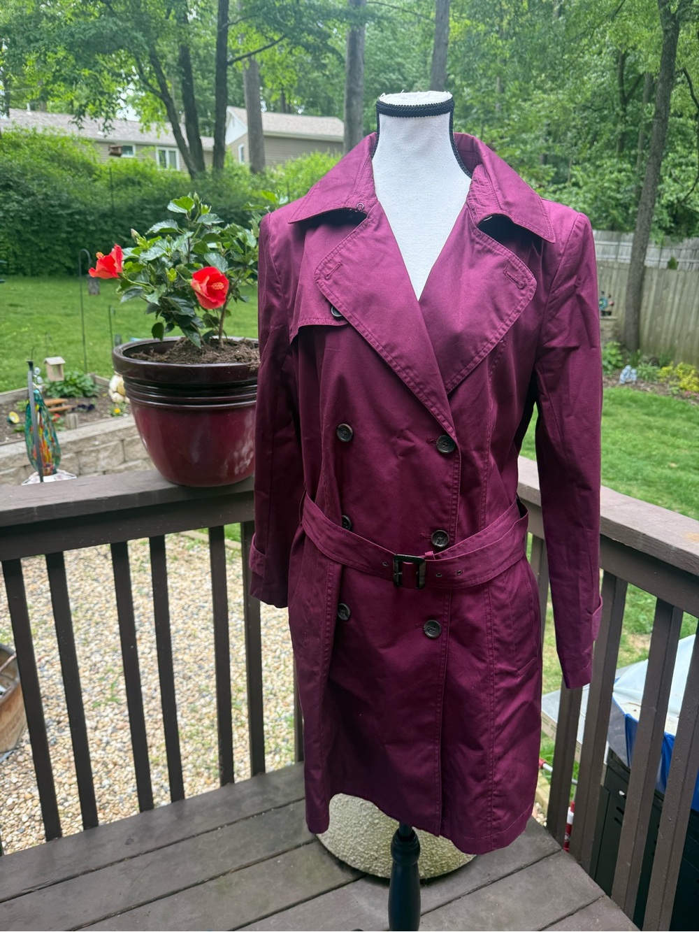 BANANA REPUBLIC Maroon Belted Trench Coat Jacket Size L Large